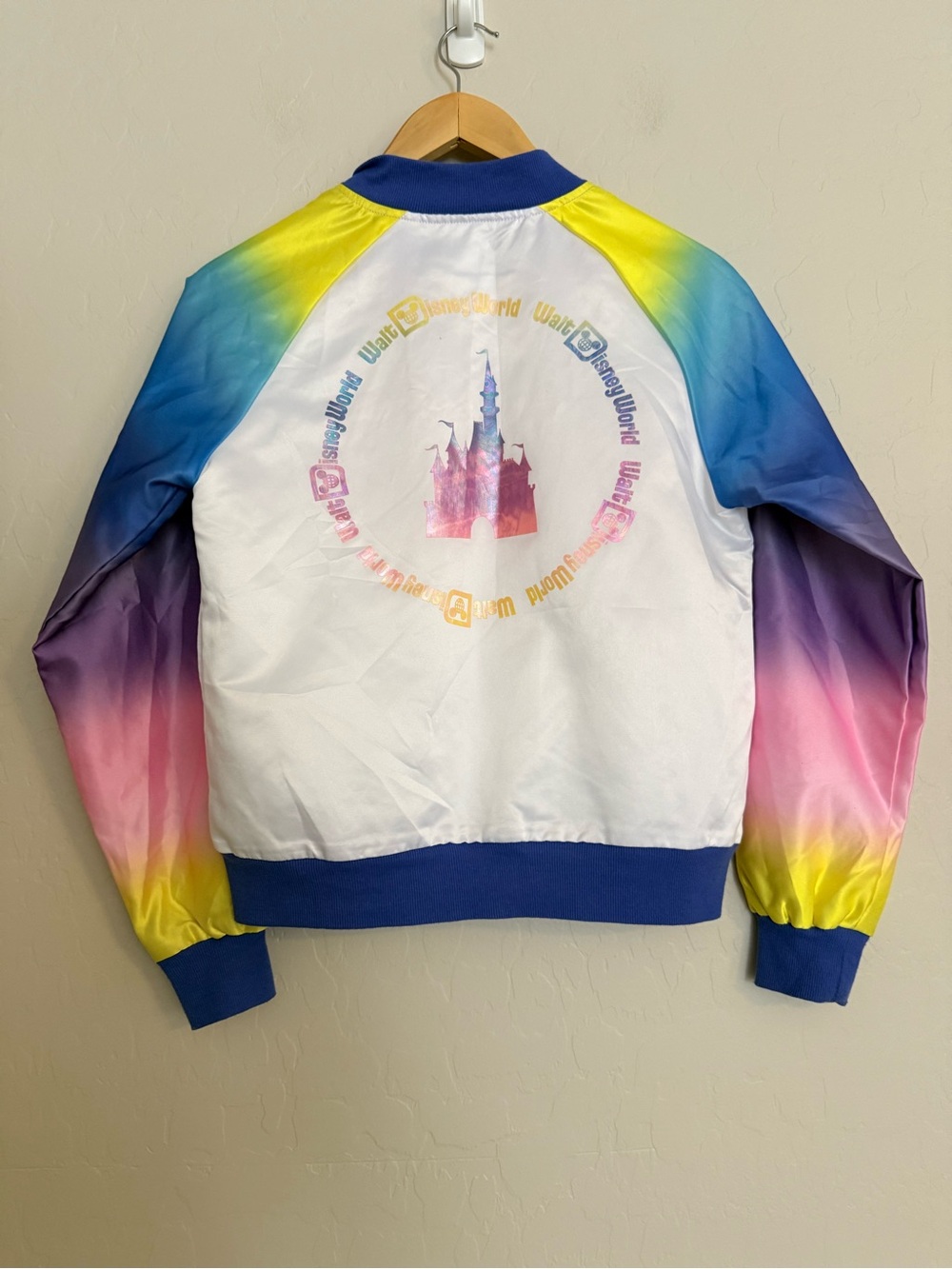 Disney World Rainbow Bomber Jacket White Purple Yellow XS